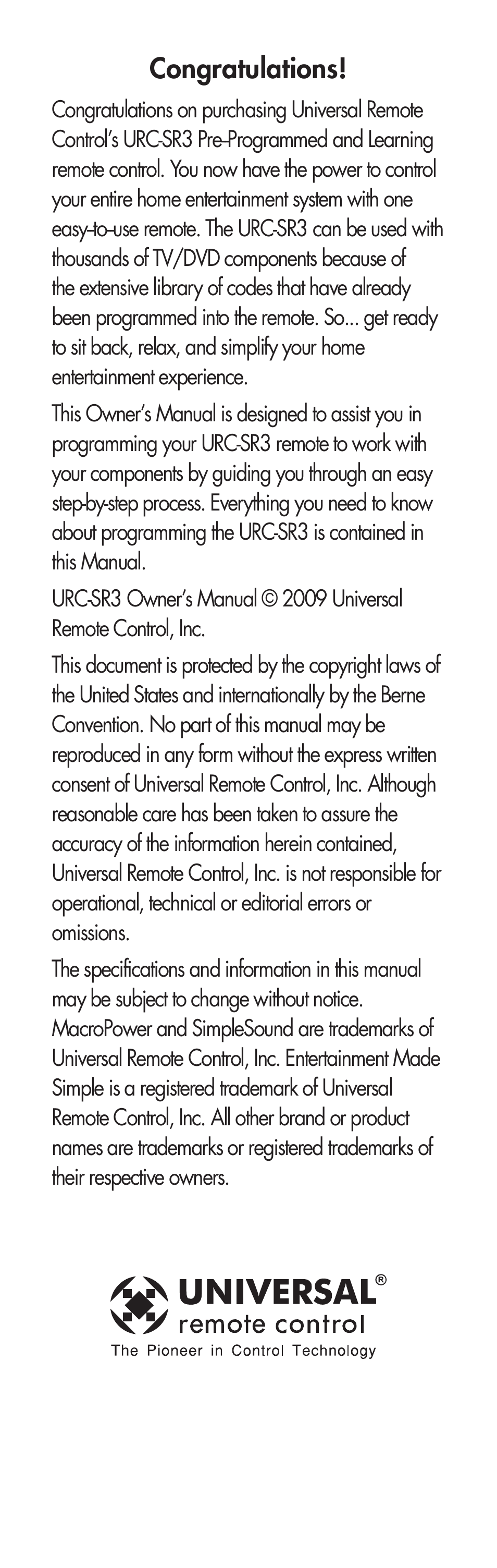 Universal Remote Control (URS) URC-SR3 User Manual | Page 2 / 44