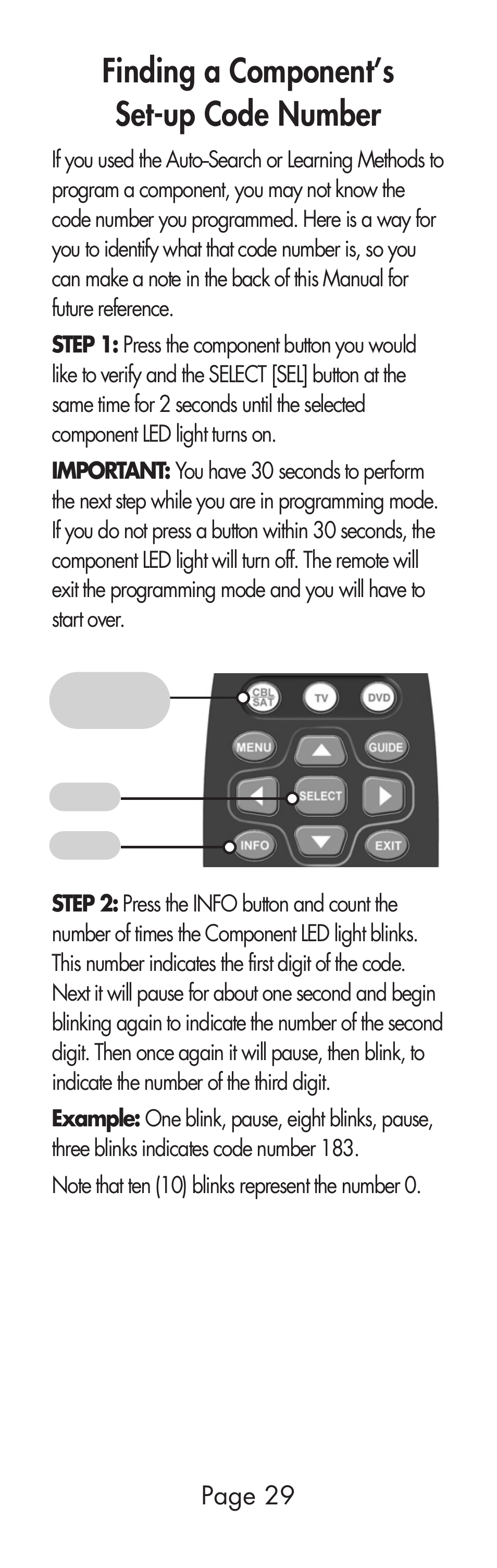 Finding a component’s set-up code number | Universal Remote Control (URS) URC-SR3 User Manual | Page 29 / 44