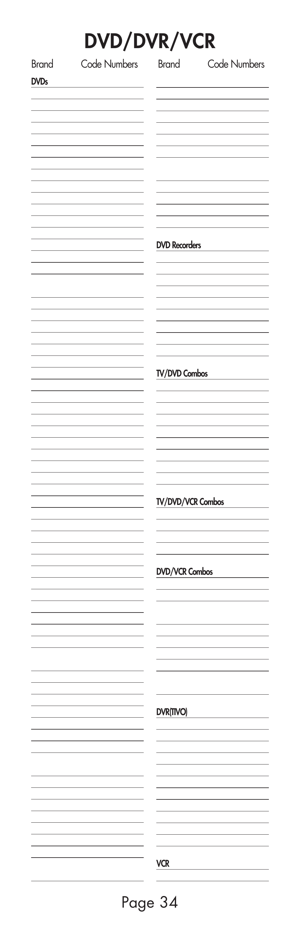 Dvd/dvr/vcr, Page 34 | Universal Remote Control (URS) URC-SR3 User Manual | Page 34 / 44