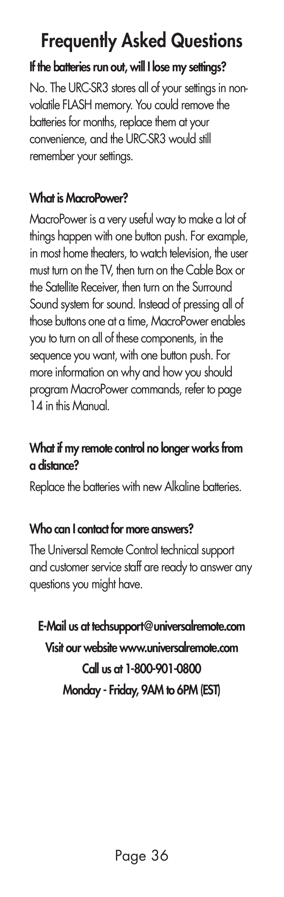 Frequently asked questions | Universal Remote Control (URS) URC-SR3 User Manual | Page 36 / 44