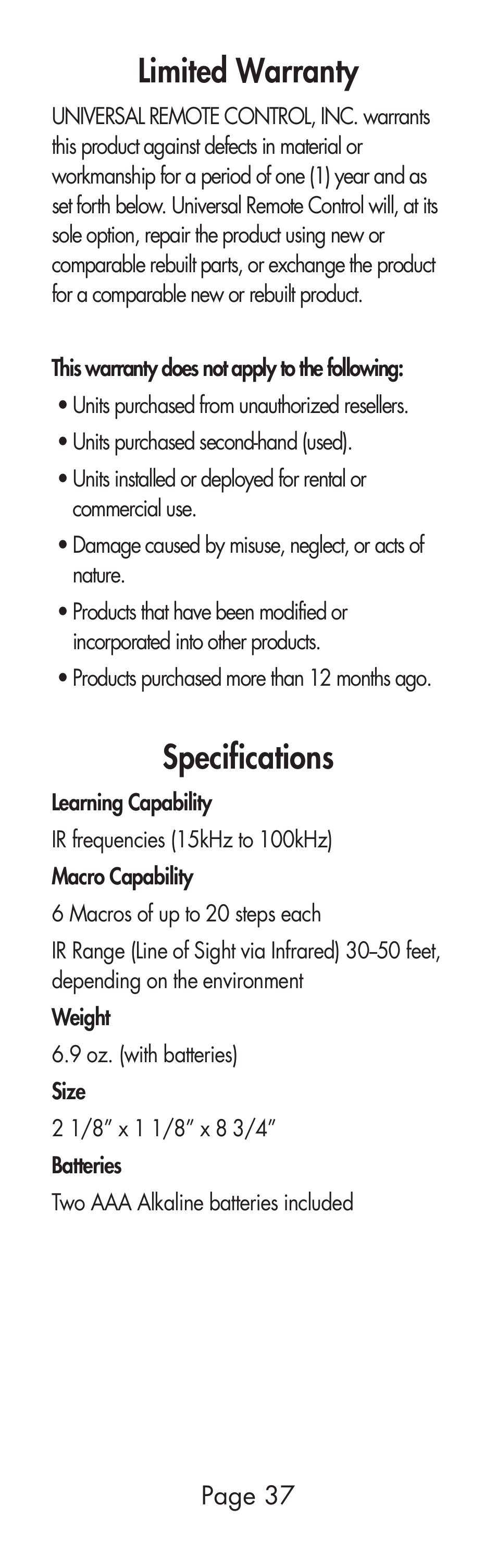 Limited warranty, Specifications | Universal Remote Control (URS) URC-SR3 User Manual | Page 37 / 44