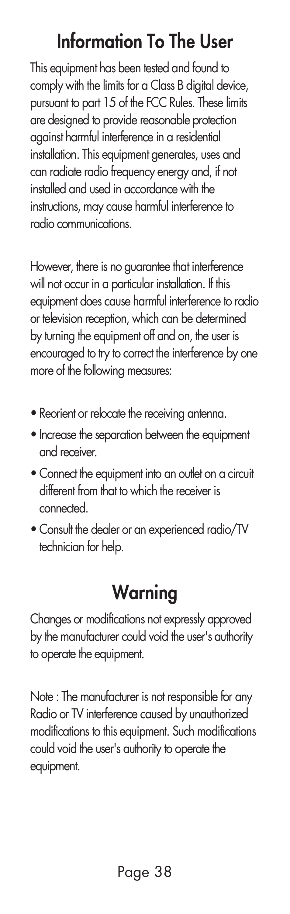 Information to the user, Warning | Universal Remote Control (URS) URC-SR3 User Manual | Page 38 / 44