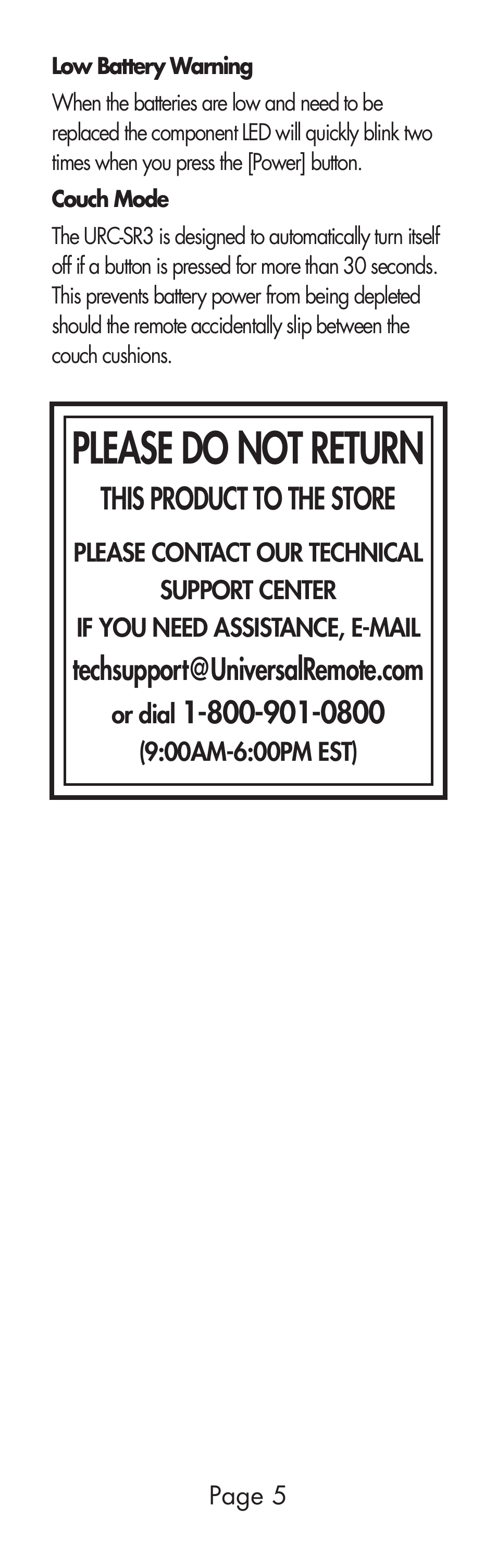 Please do not return, This product to the store | Universal Remote Control (URS) URC-SR3 User Manual | Page 5 / 44