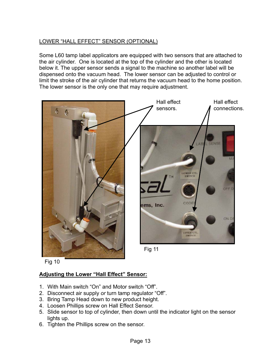 Lower “hall effect” sensor (optional) | Universal Scheu Company L60 User Manual | Page 13 / 70