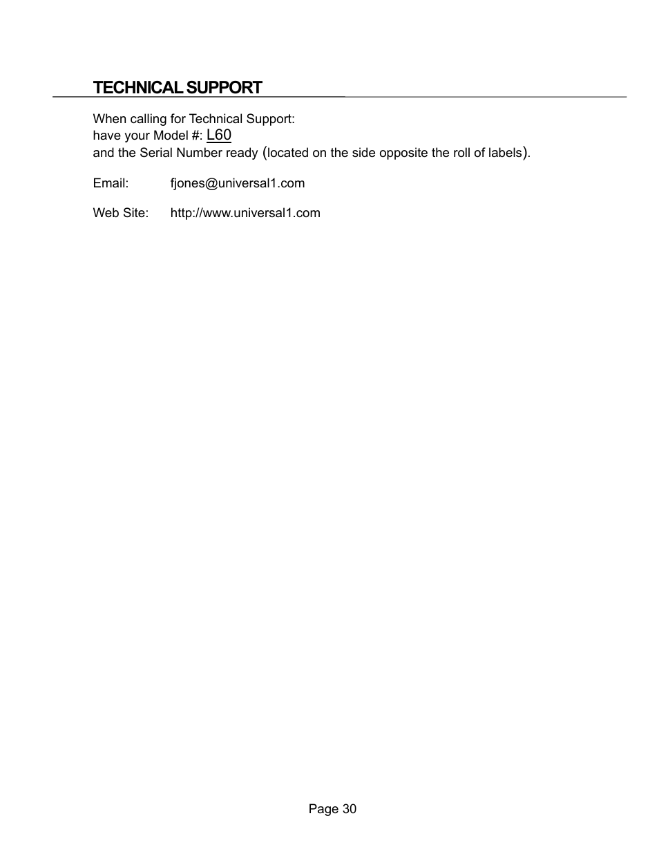 Tech support, Technical support | Universal Scheu Company L60 User Manual | Page 30 / 70