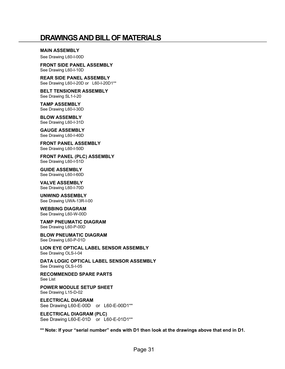 Drawings and bom's, Drawings and bill of materials | Universal Scheu Company L60 User Manual | Page 31 / 70