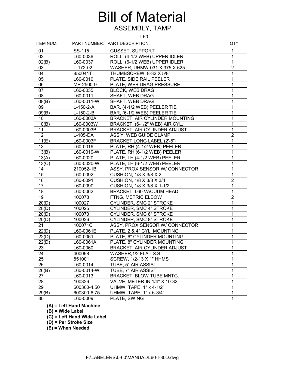 Tamp bom, Bill of material, Assembly, tamp | Universal Scheu Company L60 User Manual | Page 42 / 70