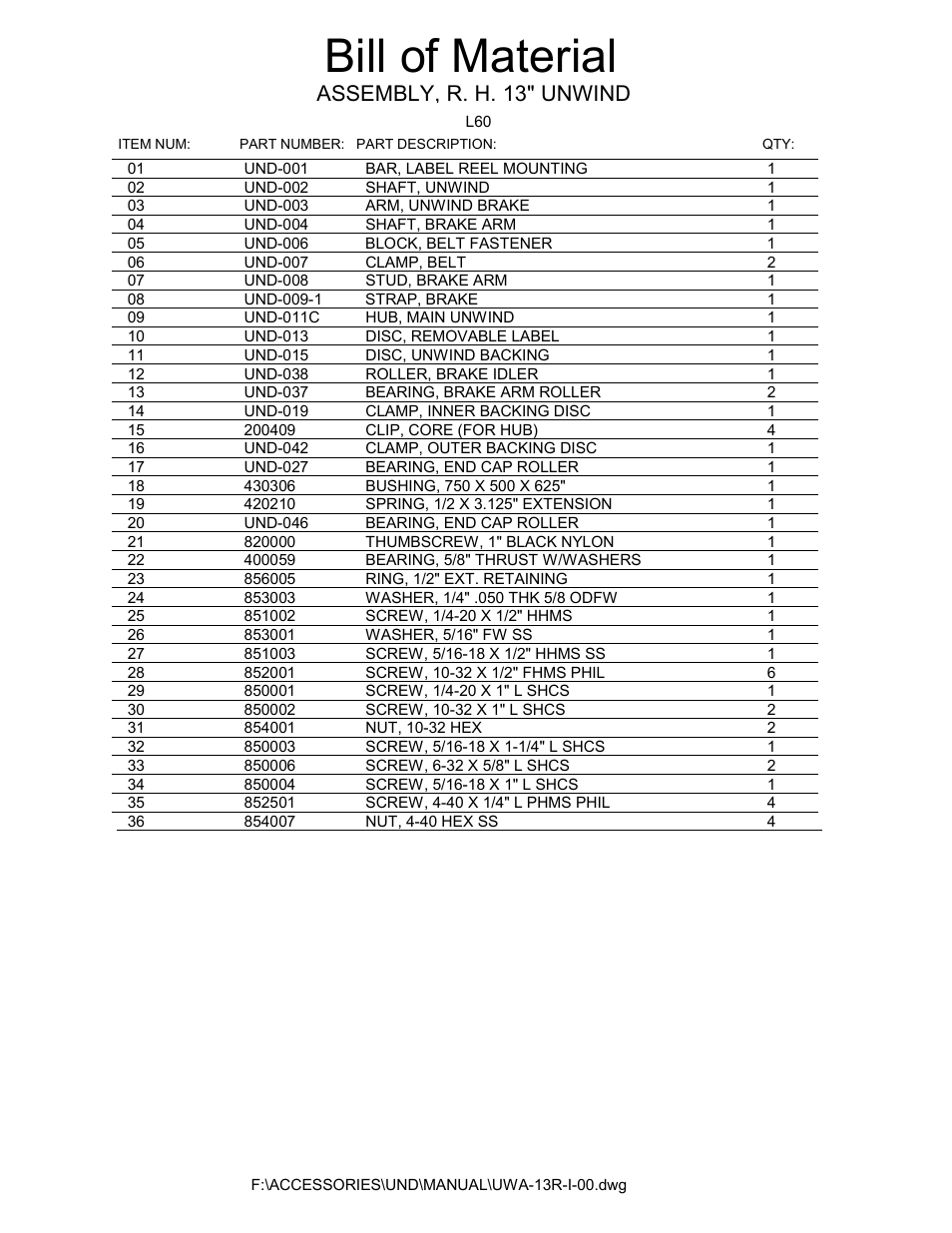 Unwind assembly bom, Bill of material, Assembly, r. h. 13" unwind | Universal Scheu Company L60 User Manual | Page 56 / 70
