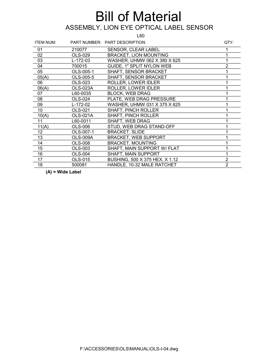 Lion eye optical bom, Bill of material, Assembly, lion eye optical label sensor | Universal Scheu Company L60 User Manual | Page 61 / 70