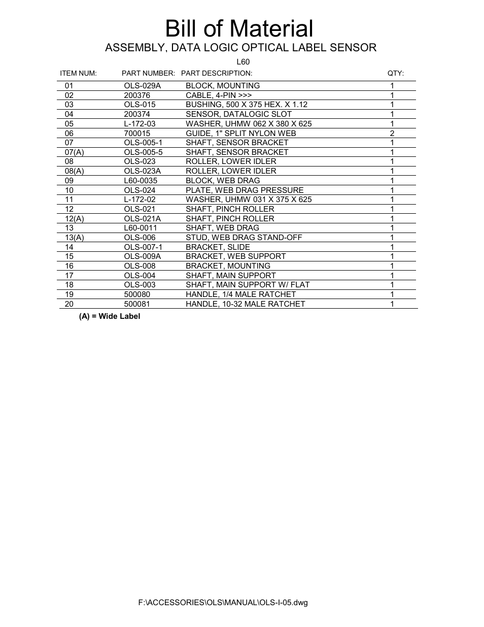 Data logic optical bom, Bill of material, Assembly, data logic optical label sensor | Universal Scheu Company L60 User Manual | Page 63 / 70