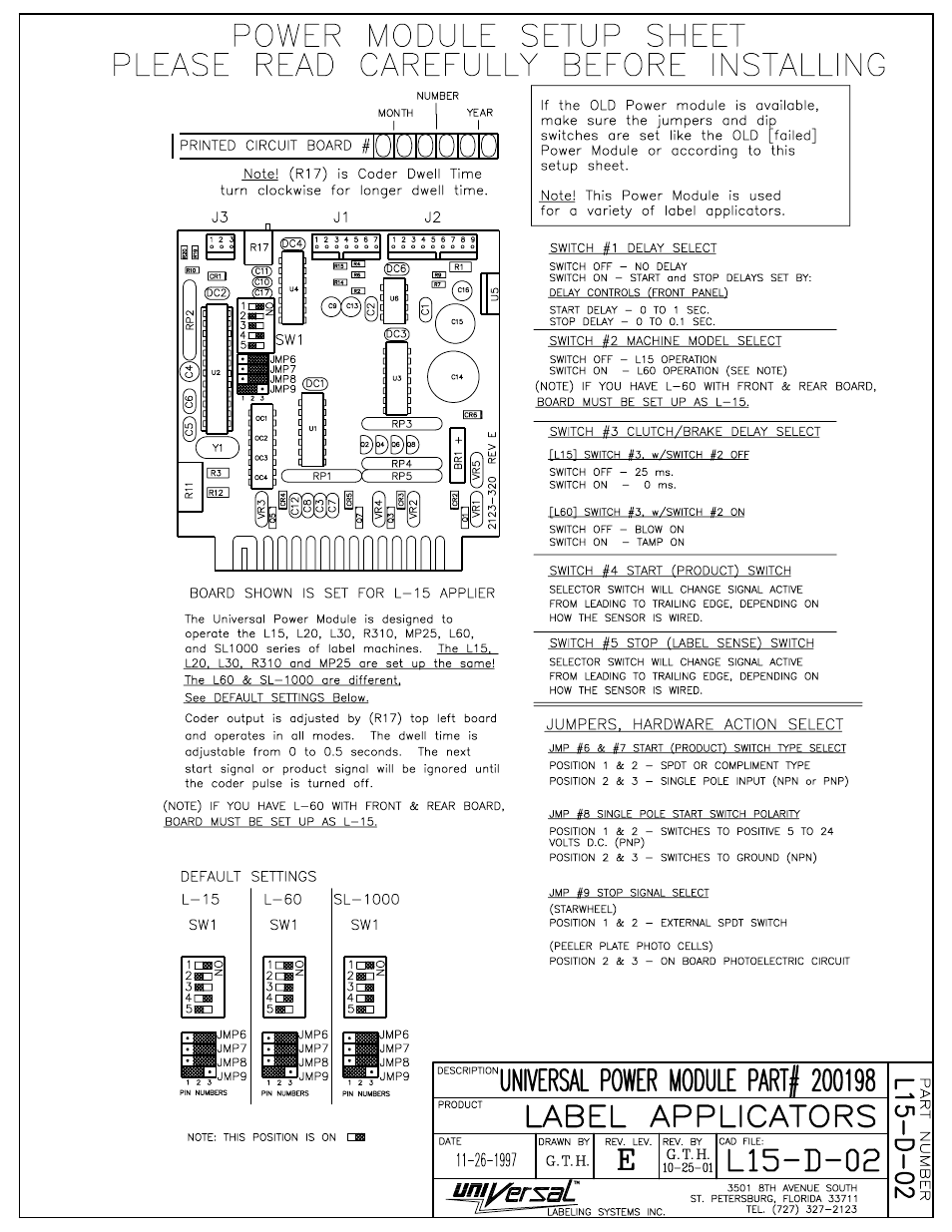 Power module setup sheet | Universal Scheu Company L60 User Manual | Page 66 / 70