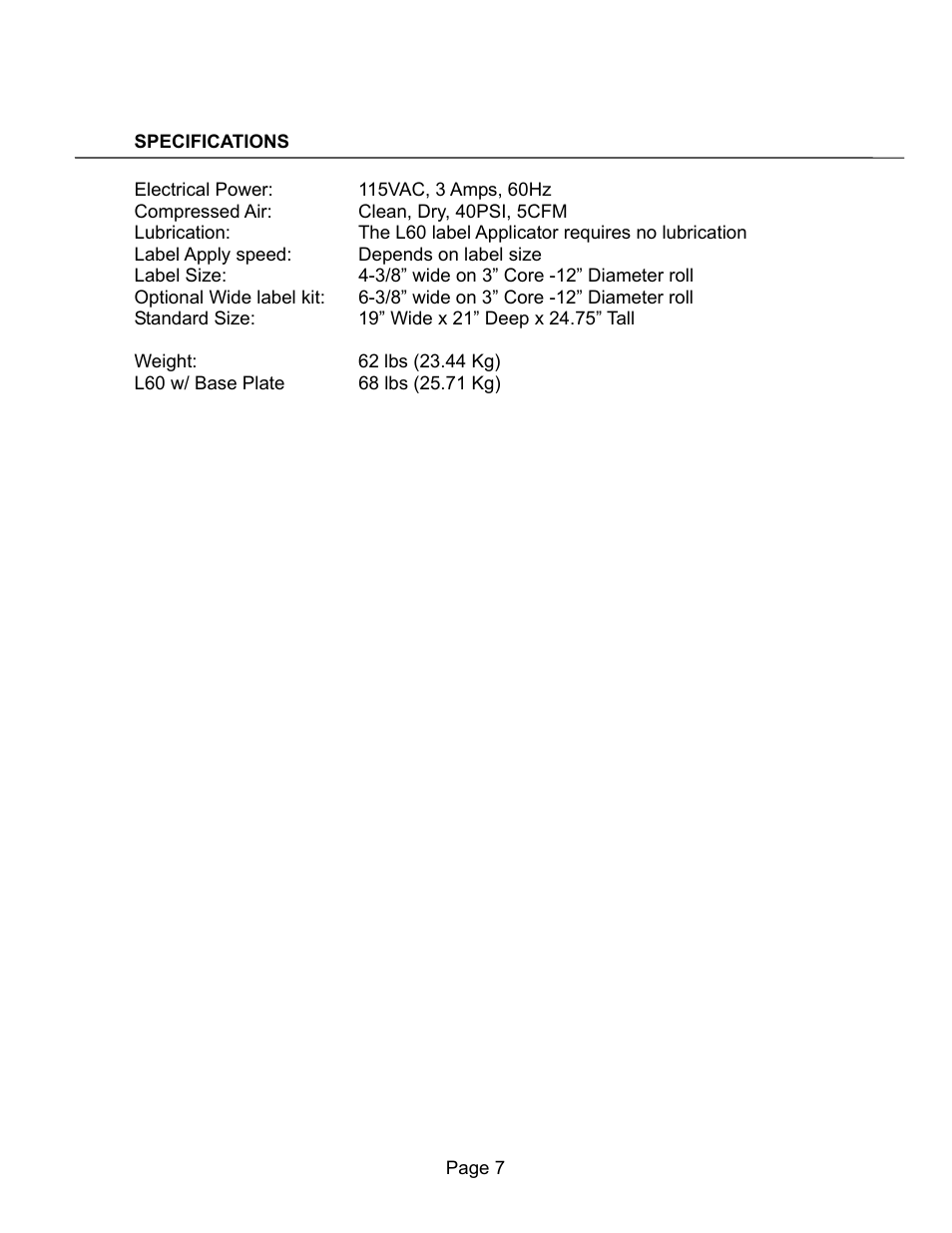 Specifications | Universal Scheu Company L60 User Manual | Page 7 / 70