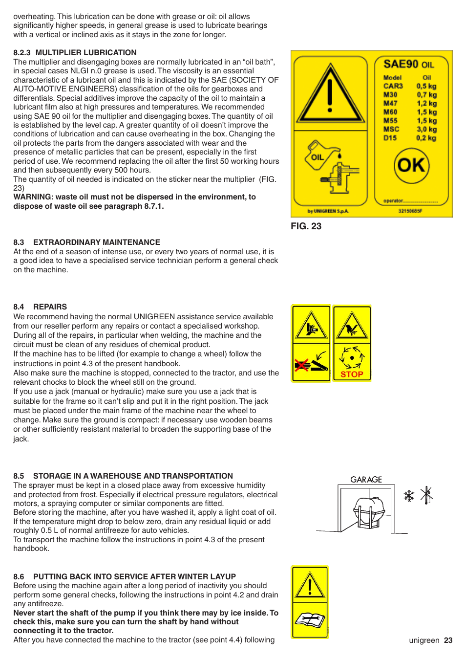 3 multiplier lubrication, 3 extraordinary maintenance, 4 repairs | 5 storage in a warehouse and transportation, 6 putting back into service after winter layup, Lubrication, Multiplier lubrication, Extraordinary maintenance, Repairs, Storage in a warehouse and transportation | Unigreen TurboTeuton P300 User Manual | Page 23 / 36