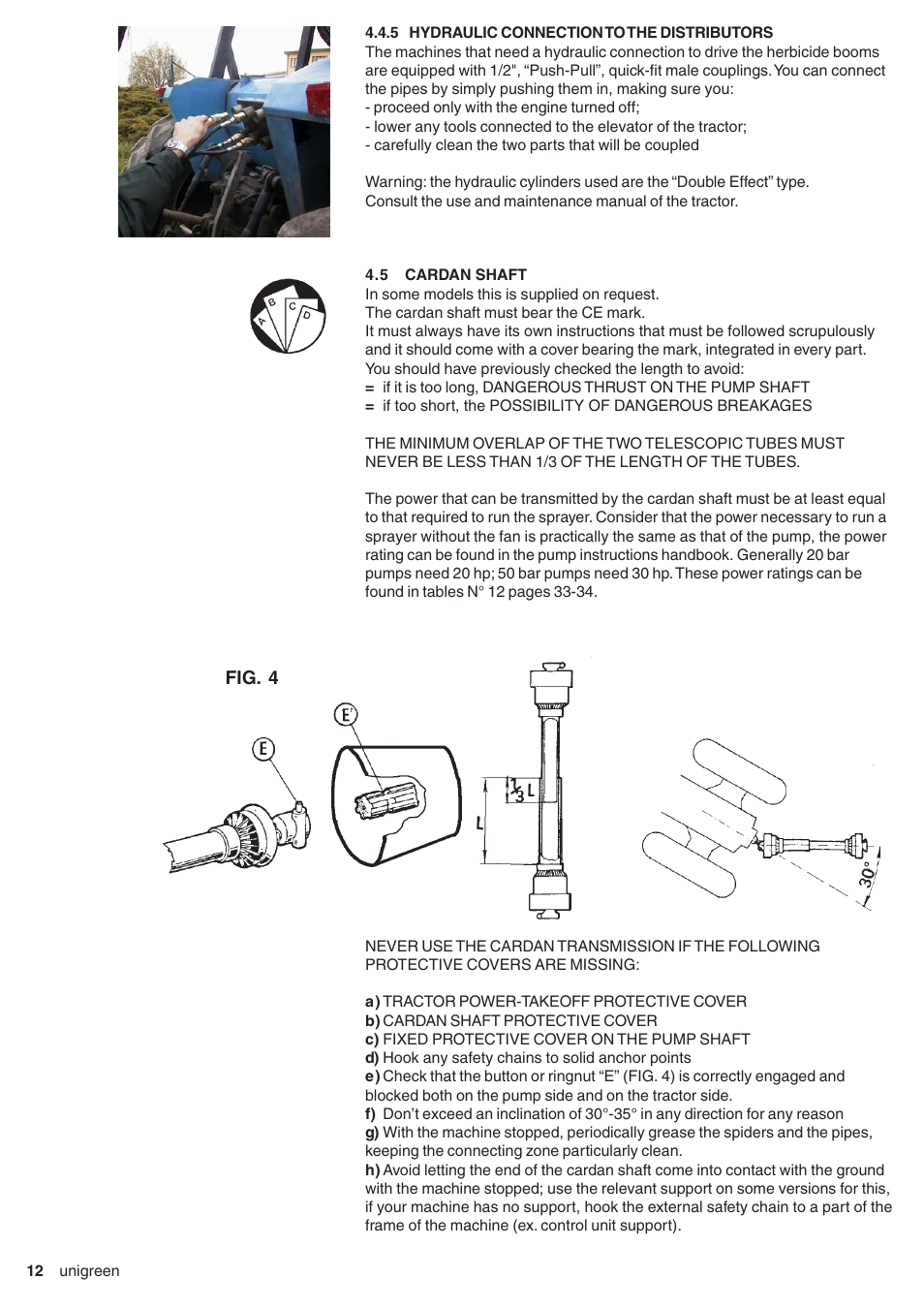 5 hydraulic connection to the distributors, 5 cardan shaft, Hydraulic connection to the distributors | Cardan shaft | Unigreen CAMPO 11 - 16 - 22 - 32 User Manual | Page 12 / 36