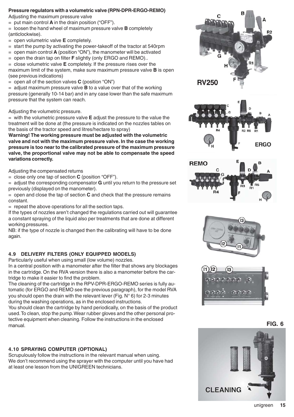 9 delivery filters (only equipped models), 10 spraying computer (optional), Delivery filters (only equipped models) | Unigreen CAMPO 11 - 16 - 22 - 32 User Manual | Page 15 / 36