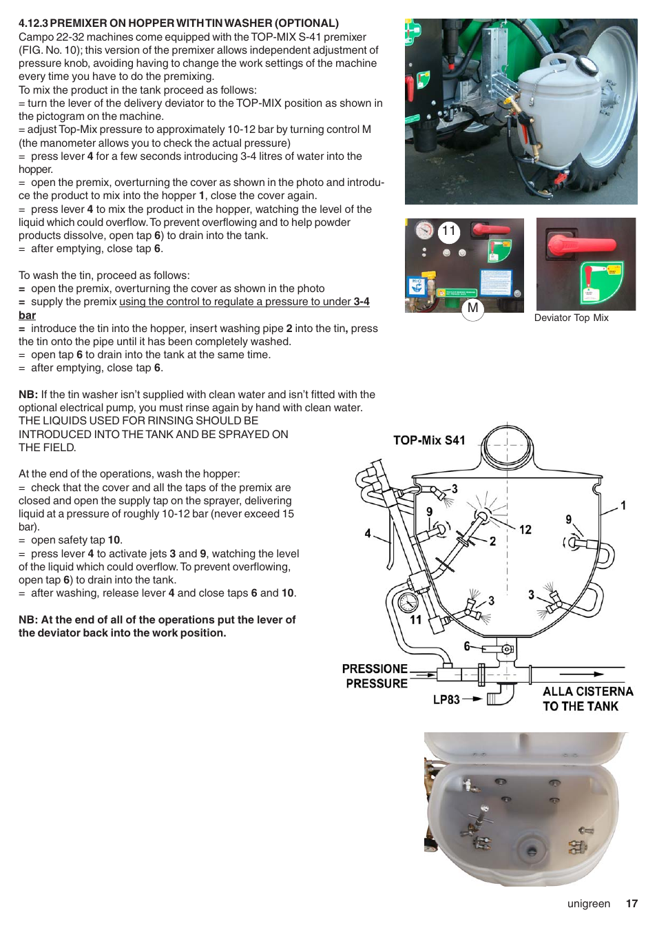 3 premixer on hopper with tin washer (optional), Manual premixing, Premixer on cover (optional) | Premixer on hopper with tin washer (optional) | Unigreen CAMPO 11 - 16 - 22 - 32 User Manual | Page 17 / 36