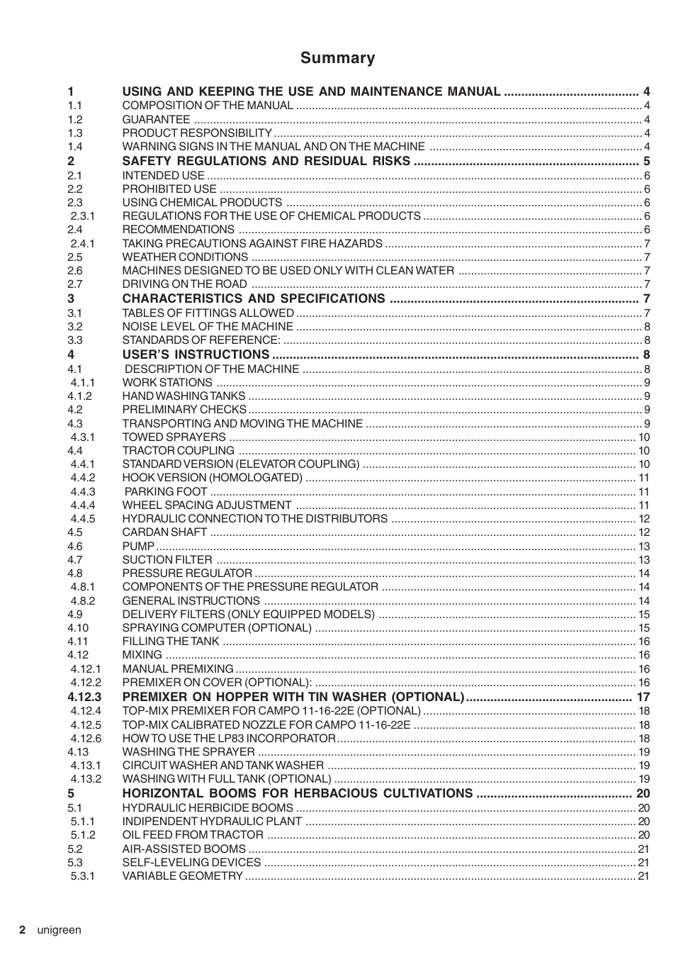 Summary | Unigreen CAMPO 11 - 16 - 22 - 32 User Manual | Page 2 / 36
