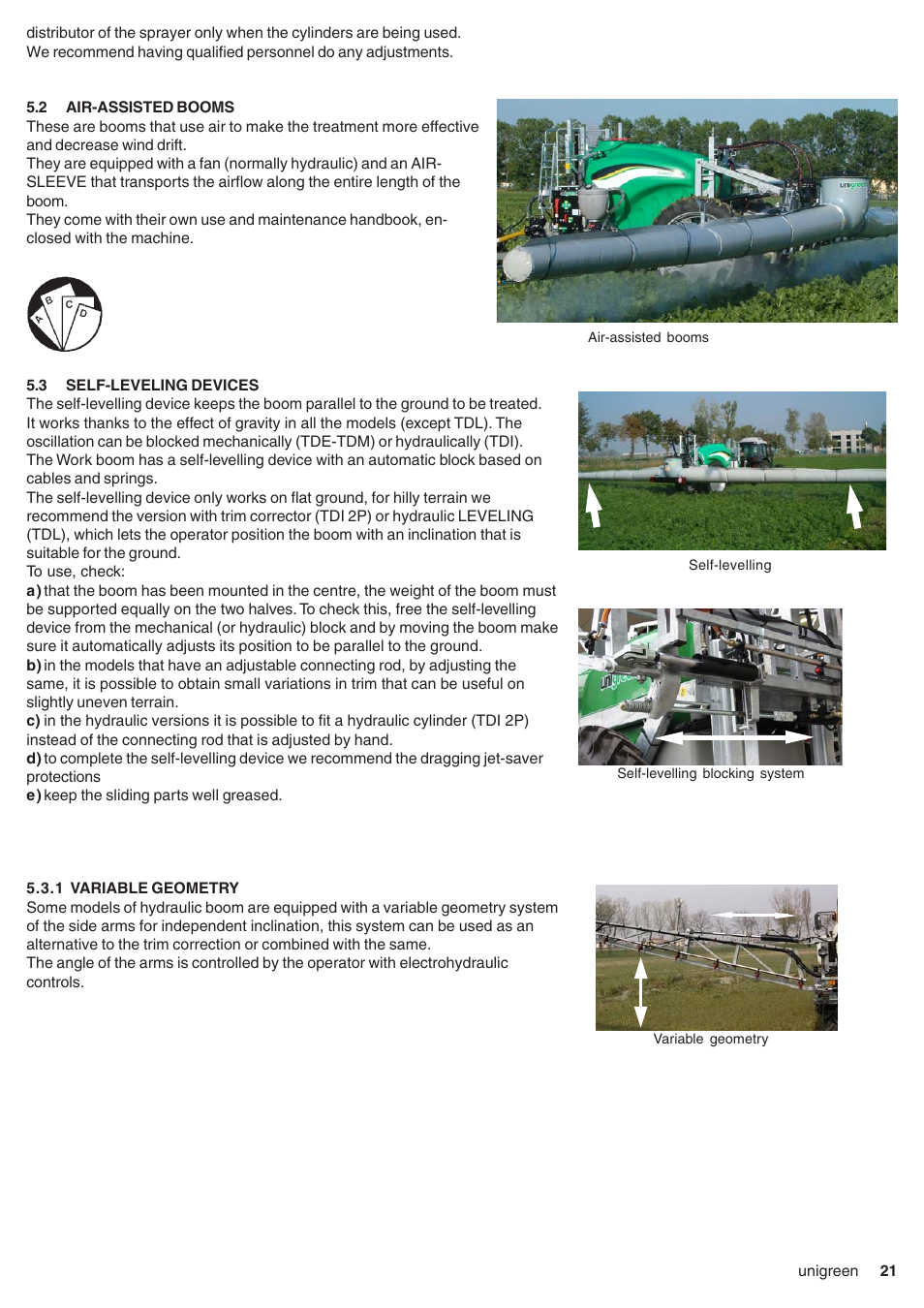 2 air-assisted booms, 3 self-leveling devices, 1 variable geometry | Air-assisted booms, Self-leveling devices | Unigreen CAMPO 11 - 16 - 22 - 32 User Manual | Page 21 / 36