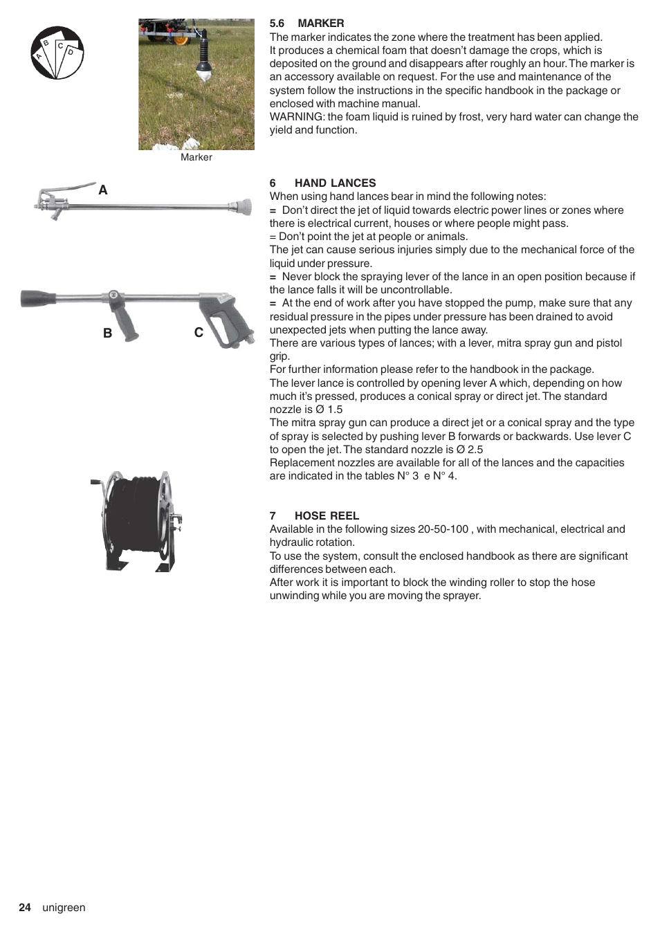 6 marker, 6 hand lances, 7 hose reel | Marker, Hand lances | Unigreen CAMPO 11 - 16 - 22 - 32 User Manual | Page 24 / 36