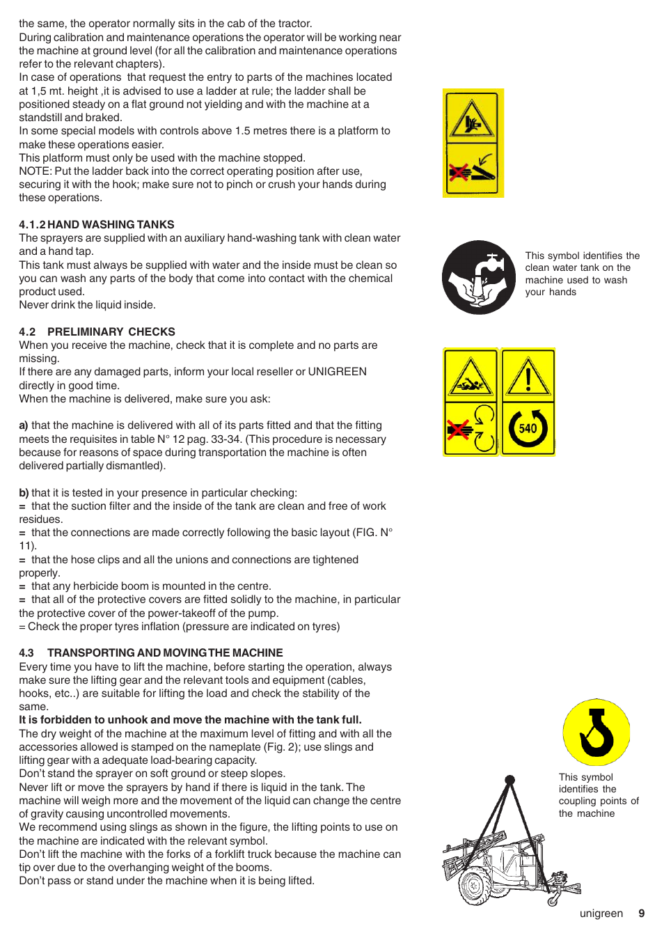 1 work stations, 2 hand washing tanks, 2 preliminary checks | 3 transporting and moving the machine, Work stations, Hand washing tanks, Preliminary checks, Transporting and moving the machine | Unigreen CAMPO 11 - 16 - 22 - 32 User Manual | Page 9 / 36