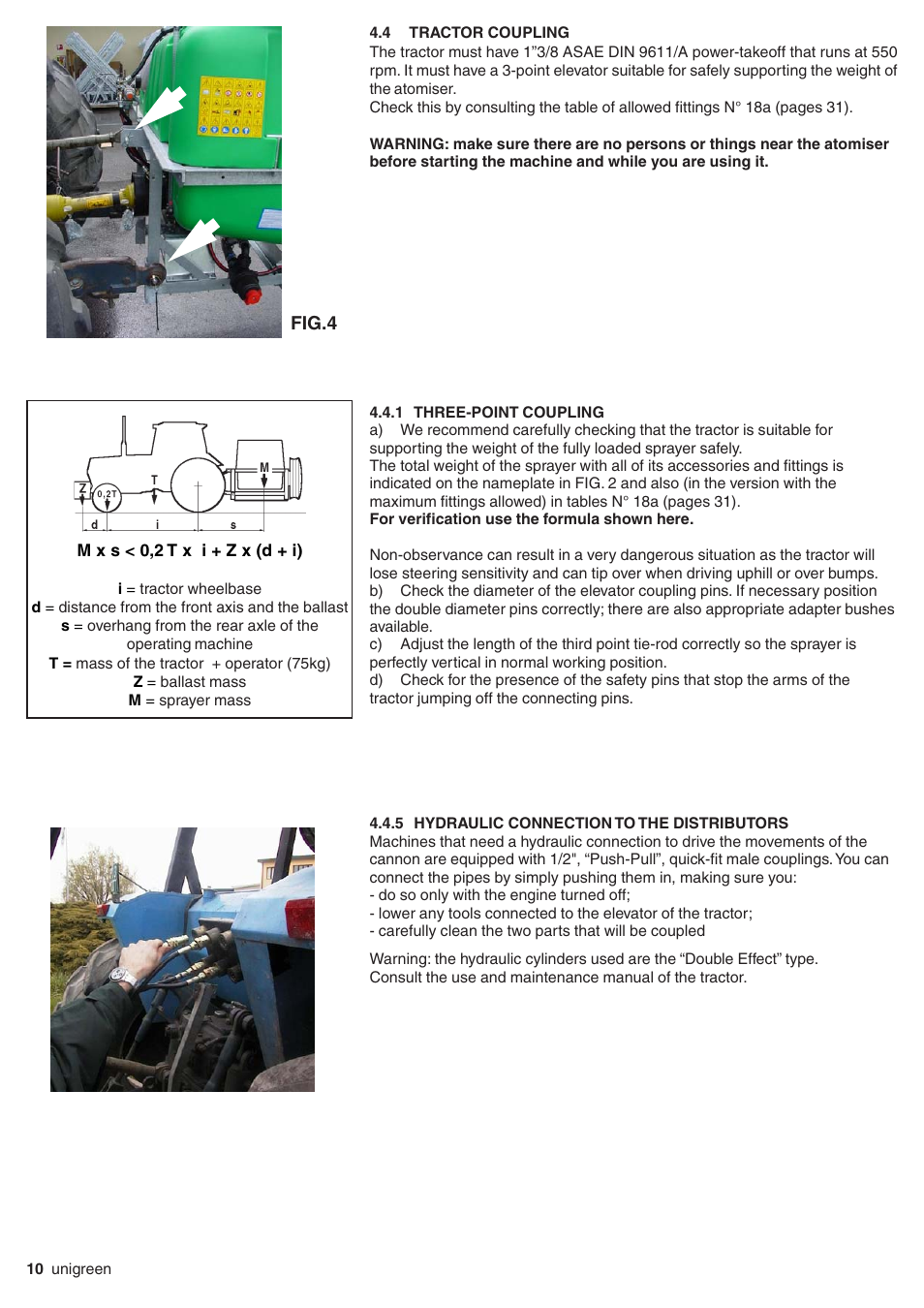 4 tractor coupling, 1 three-point coupling, 5 hydraulic connection to the distributors | Towed atomisers, Tractor coupling, Three-point coupling, Hydraulic connection to the distributors | Unigreen Super Spalliera User Manual | Page 10 / 32