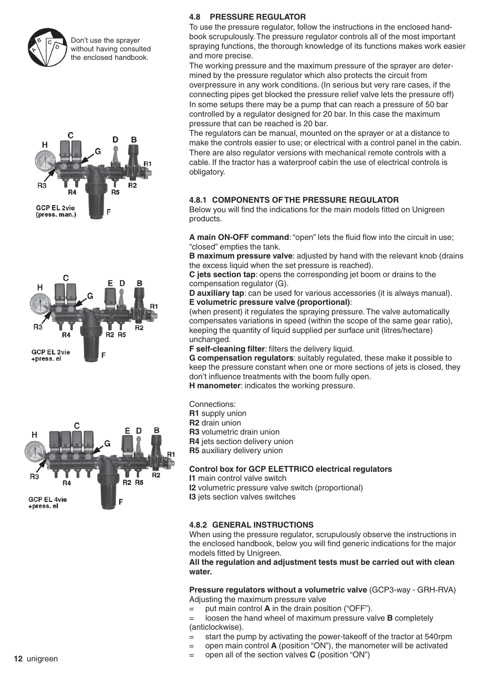 8 pressure regulator, 1 components of the pressure regulator, 2 general instructions | Pressure regulator, Components of the pressure regulator, General instructions | Unigreen Super Spalliera User Manual | Page 12 / 32