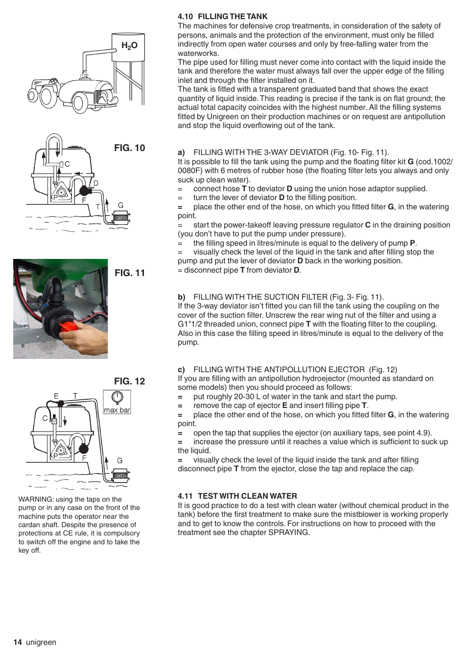 10 filling the tank, 11 test with clean water, Filling the tank | Unigreen Super Spalliera User Manual | Page 14 / 32