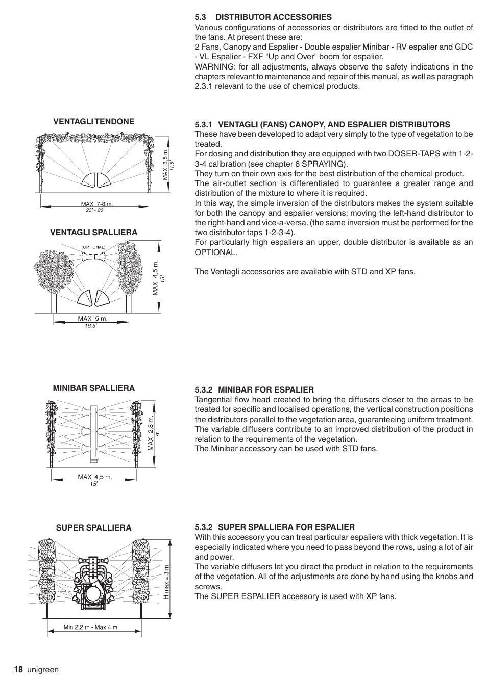 3 distributor accessories, 2 minibar for espalier, 2 super spalliera for espalier | Distributor accessories, Ventagli (fans) canopy, and espalier distributors, Minibar for espalier | Unigreen Super Spalliera User Manual | Page 18 / 32