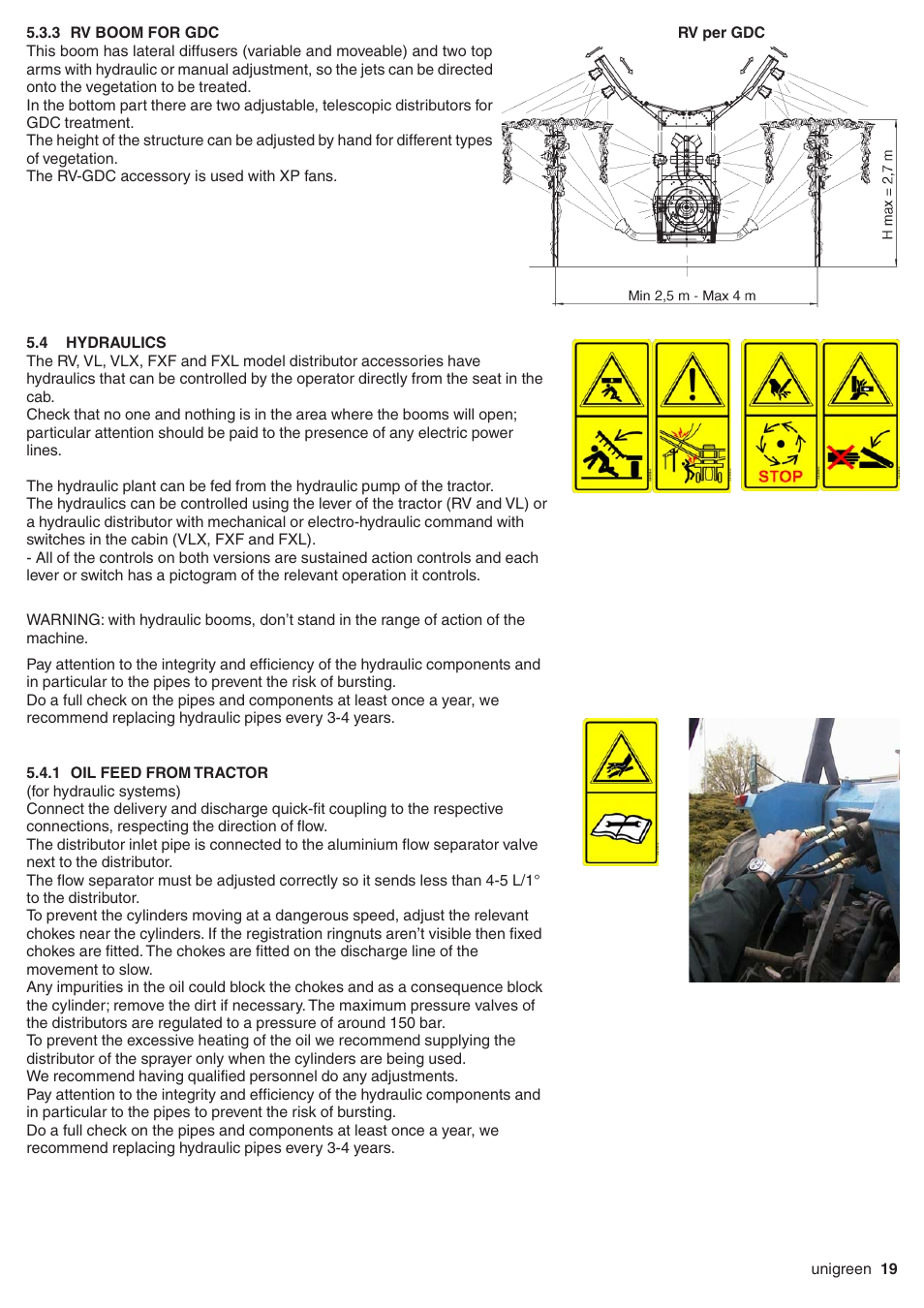 3 rv boom for gdc, 4 hydraulics, 1 oil feed from tractor | Super spalliera for espalier, Rv boom for gdc, Hydraulics, Oil feed from tractor | Unigreen Super Spalliera User Manual | Page 19 / 32