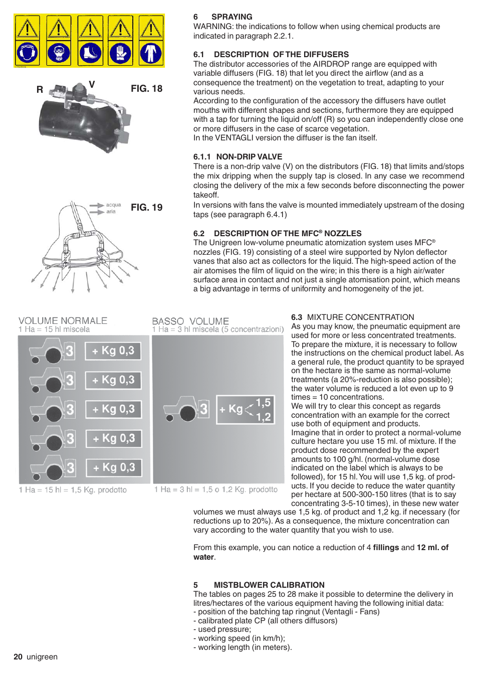 6 spraying, 1 description of the diffusers, 1 non-drip valve | 2 description of the mfc® nozzles, 3 mixture concentration, 5 mistblower calibration, Spraying, Description of the diffusers, Non-drip valve, Description of the mfc® nozzles | Unigreen Super Spalliera User Manual | Page 20 / 32