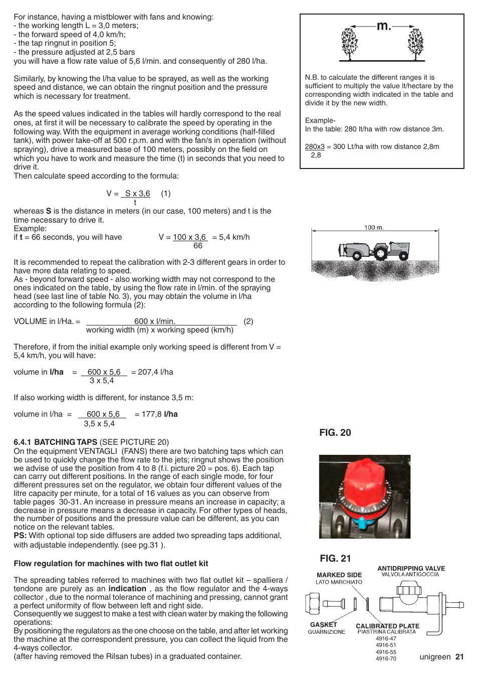 1 batching taps (see picture 20), Mistblower calibration, Batching taps (see picture 20) | Fig. 20 fig. 21 | Unigreen Super Spalliera User Manual | Page 21 / 32