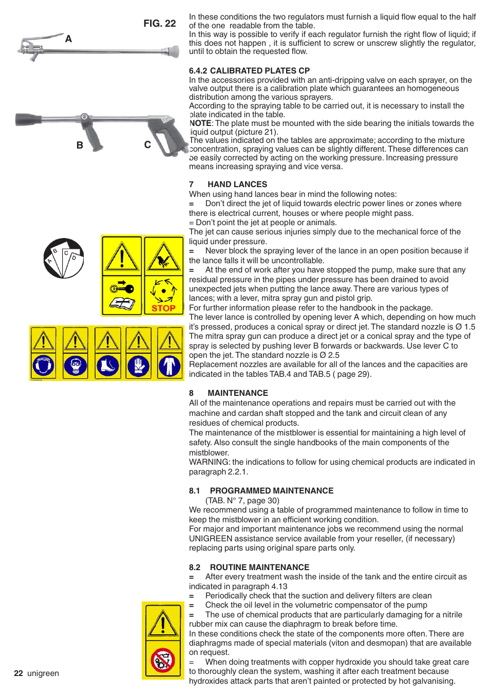 2 calibrated plates cp, 7 hand lances, 8 maintenance | 1 programmed maintenance, 2 routine maintenance, Calibrated plates cp, Hand lances, Maintenance, Programmed maintenance, Routine maintenance | Unigreen Super Spalliera User Manual | Page 22 / 32