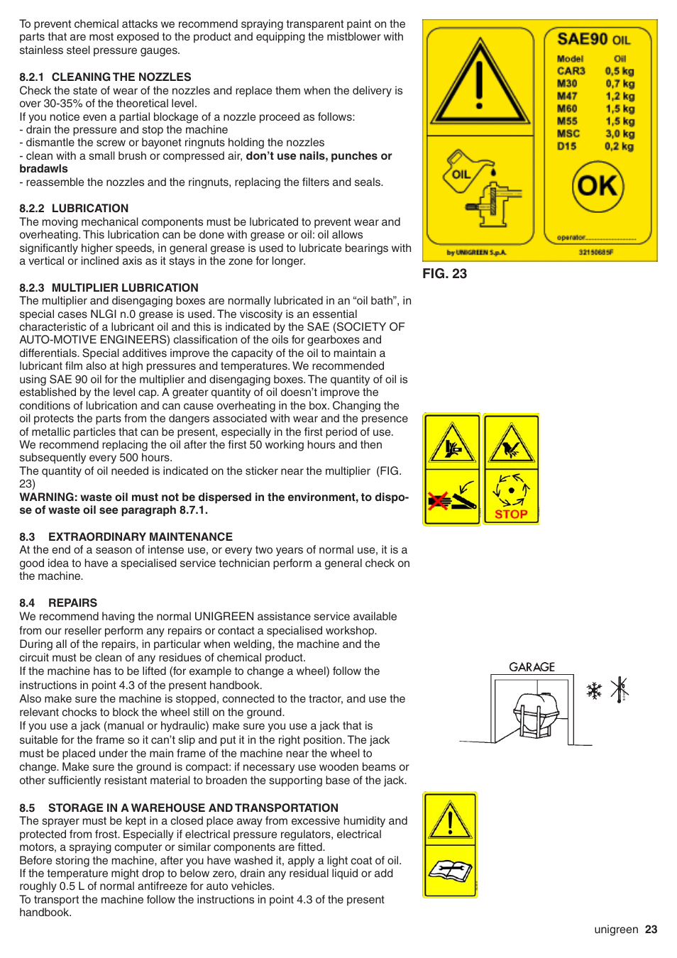 1 cleaning the nozzles, 2 lubrication, 3 multiplier lubrication | 3 extraordinary maintenance, 4 repairs, 5 storage in a warehouse and transportation, Cleaning the nozzles, Lubrication, Multiplier lubrication, Extraordinary maintenance 23 | Unigreen Super Spalliera User Manual | Page 23 / 32