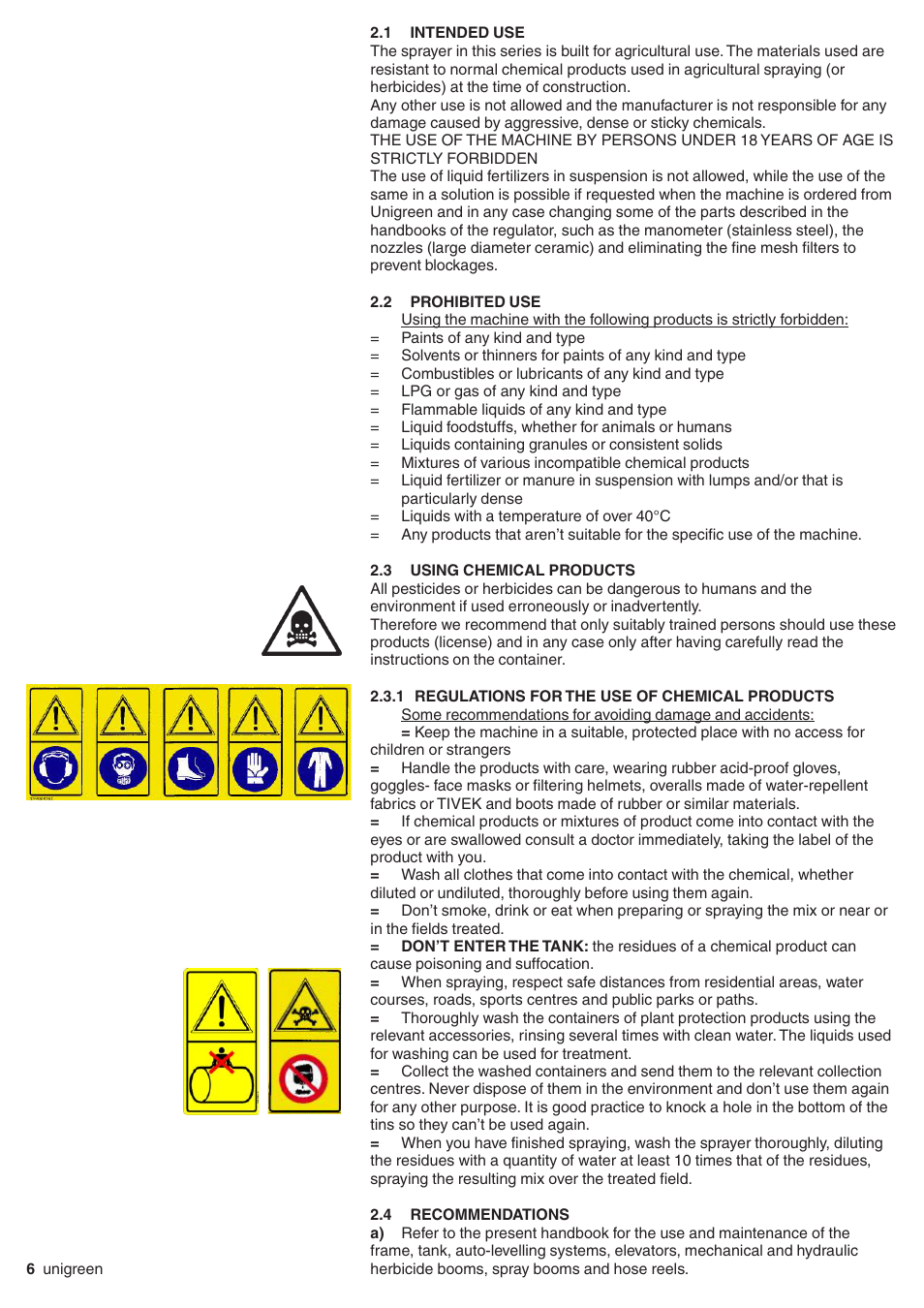 1 intended use, 2 prohibited use, 3 using chemical products | 1 regulations for the use of chemical products, 4 recommendations, Intended use, Prohibited use, Using chemical products, Regulations for the use of chemical products, Recommendations | Unigreen Super Spalliera User Manual | Page 6 / 32