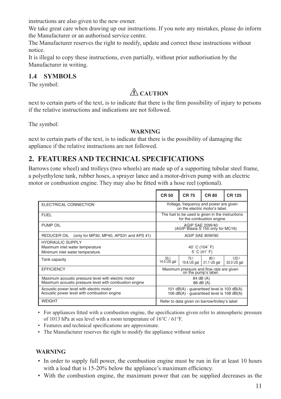 Features and technical specifications, 4 symbols | Unigreen Trolleys and Barrows User Manual | Page 11 / 28