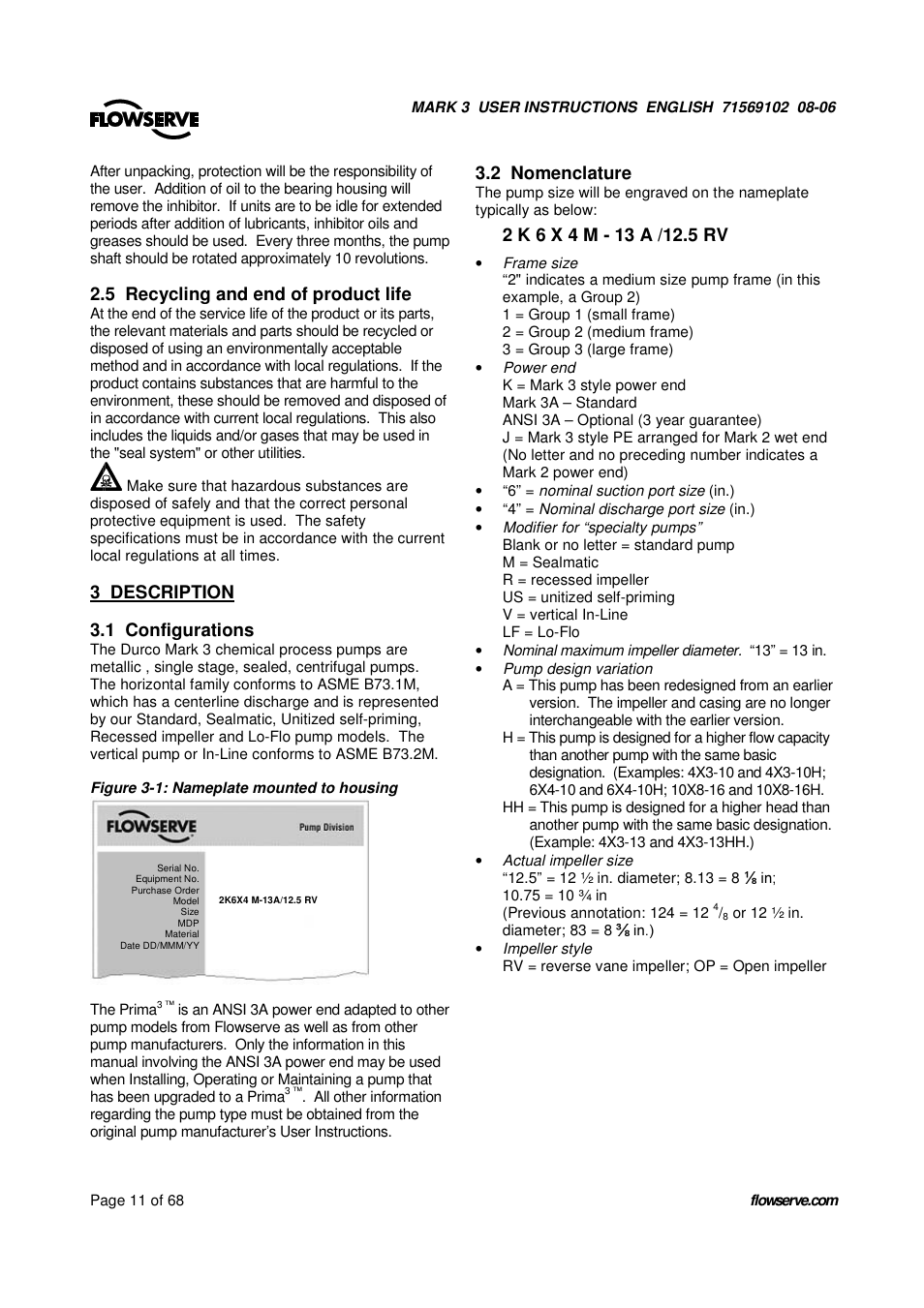 5 recycling and end of product life, 3 description, 1 configurations | 2 nomenclature | UNIREX Pump User Manual | Page 11 / 68