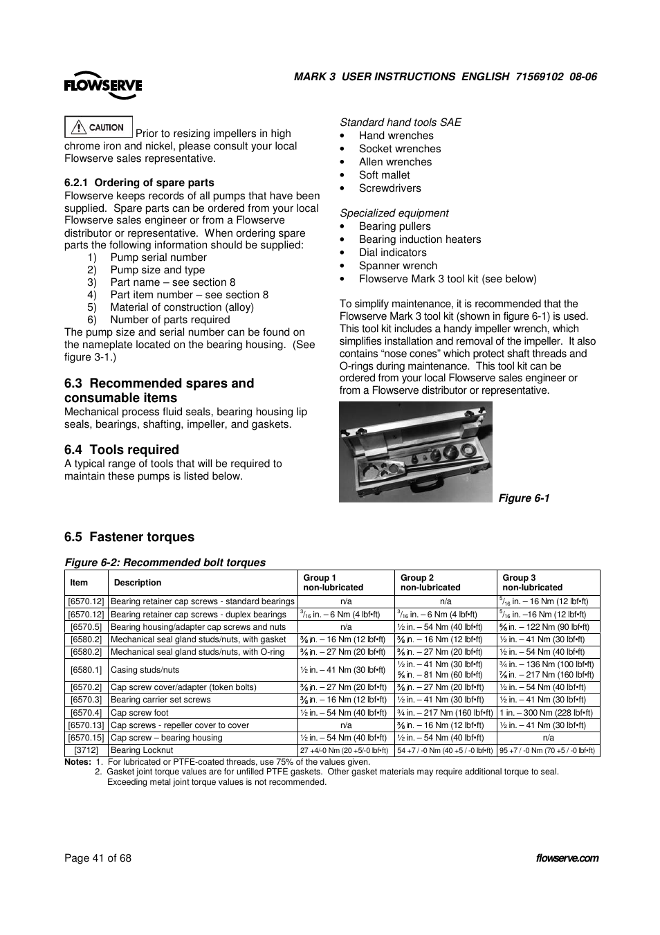 3 recommended spares and consumable items, 4 tools required, 5 fastener torques | UNIREX Pump User Manual | Page 41 / 68