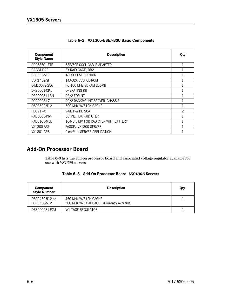 Add-on processor board, Vx1305-bse/-bsu basic components, Add-on processor board, vx1305 servers | Vx1305 servers | Unisys NX5820 User Manual | Page 112 / 176