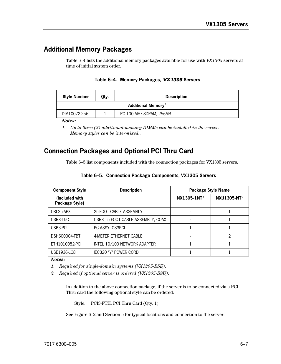 Additional memory packages, Connection packages and optional pci thru card, Memory packages, vx1305 servers | Connection package components, vx1305 servers, Vx1305 servers | Unisys NX5820 User Manual | Page 113 / 176