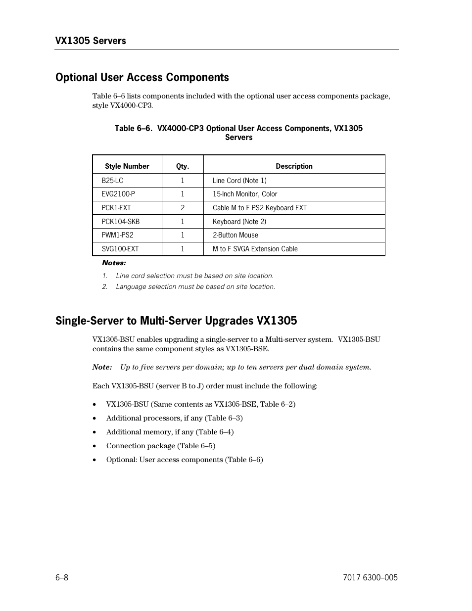 Optional user access components, Single-server to multi-server upgrades vx1305 | Unisys NX5820 User Manual | Page 114 / 176