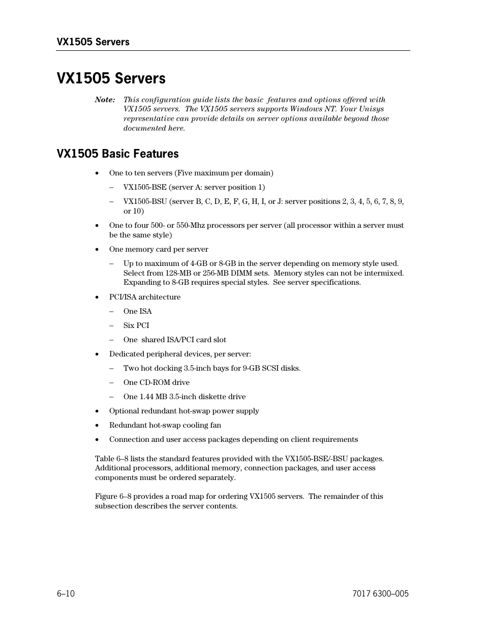 Vx1505 servers, Vx1505 basic features | Unisys NX5820 User Manual | Page 116 / 176