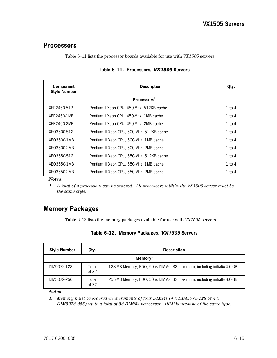 Processors, Memory packages, Processors, vx1505 servers | Memory packages, vx1505 servers, Vx1505 servers | Unisys NX5820 User Manual | Page 121 / 176