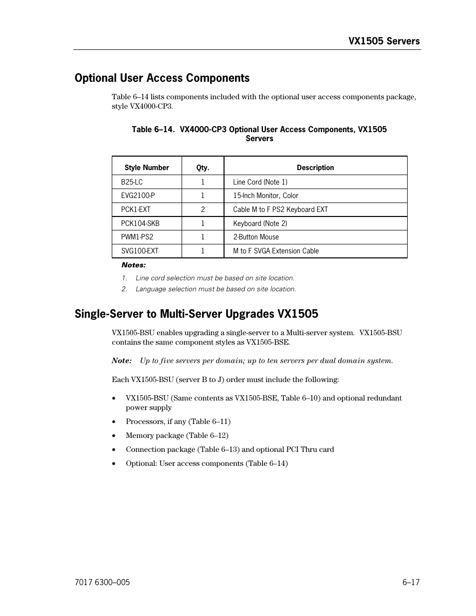 Optional user access components, Single-server to multi-server upgrades vx1505 | Unisys NX5820 User Manual | Page 123 / 176