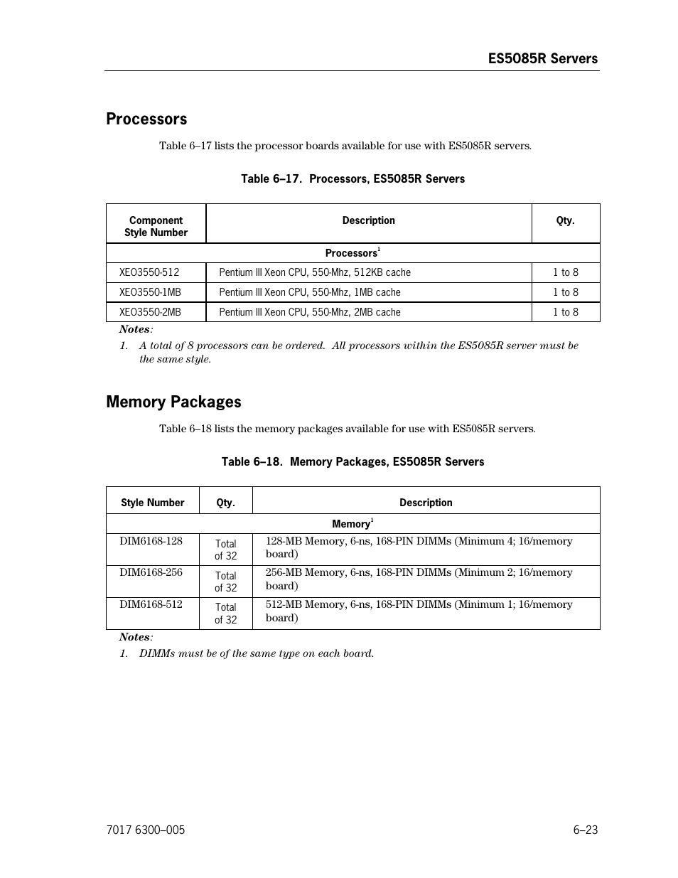 Processors, Memory packages, Processors, es5085r servers | Memory packages, es5085r servers, Es5085r servers | Unisys NX5820 User Manual | Page 129 / 176