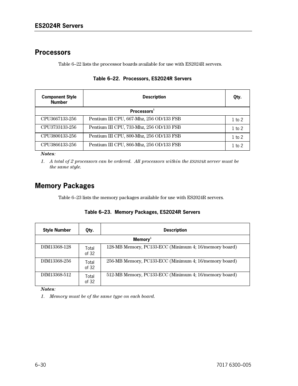Processors, Memory packages, Processors, es2024r servers | Memory packages, es2024r servers | Unisys NX5820 User Manual | Page 136 / 176