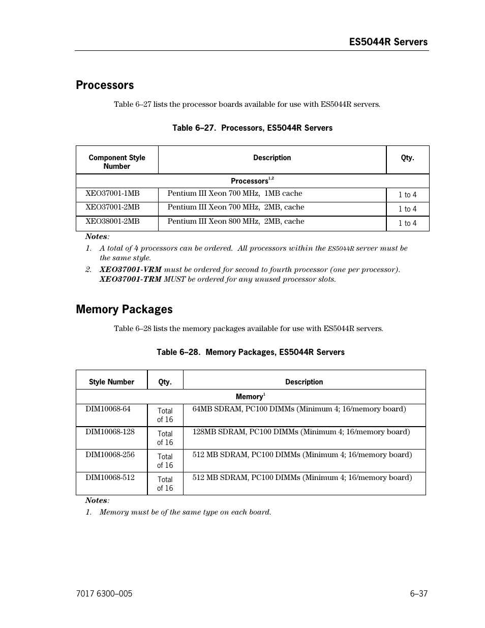 Processors, Memory packages, Processors, es5044r servers | Memory packages, es5044r servers | Unisys NX5820 User Manual | Page 143 / 176