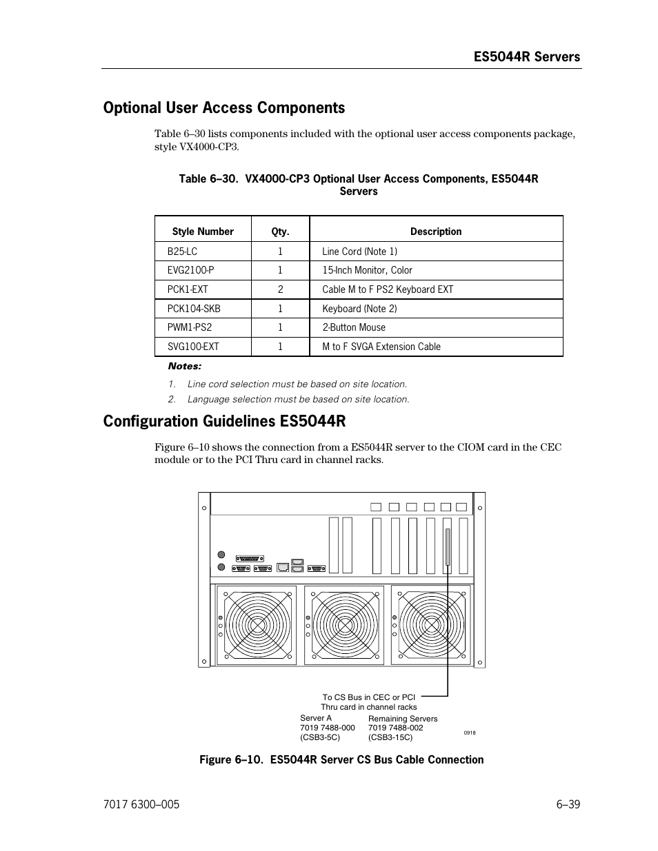 Optional user access components, Configuration guidelines es5044r, Es5044r server cs bus cable connection | Es5044r servers | Unisys NX5820 User Manual | Page 145 / 176