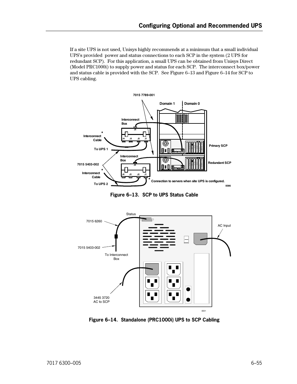 Scp to ups status cable, Standalone (prc1000i) ups to scp cabling, Configuring optional and recommended ups | Figure 6–13. scp to ups status cable, Domain 1 domain 0 | Unisys NX5820 User Manual | Page 161 / 176