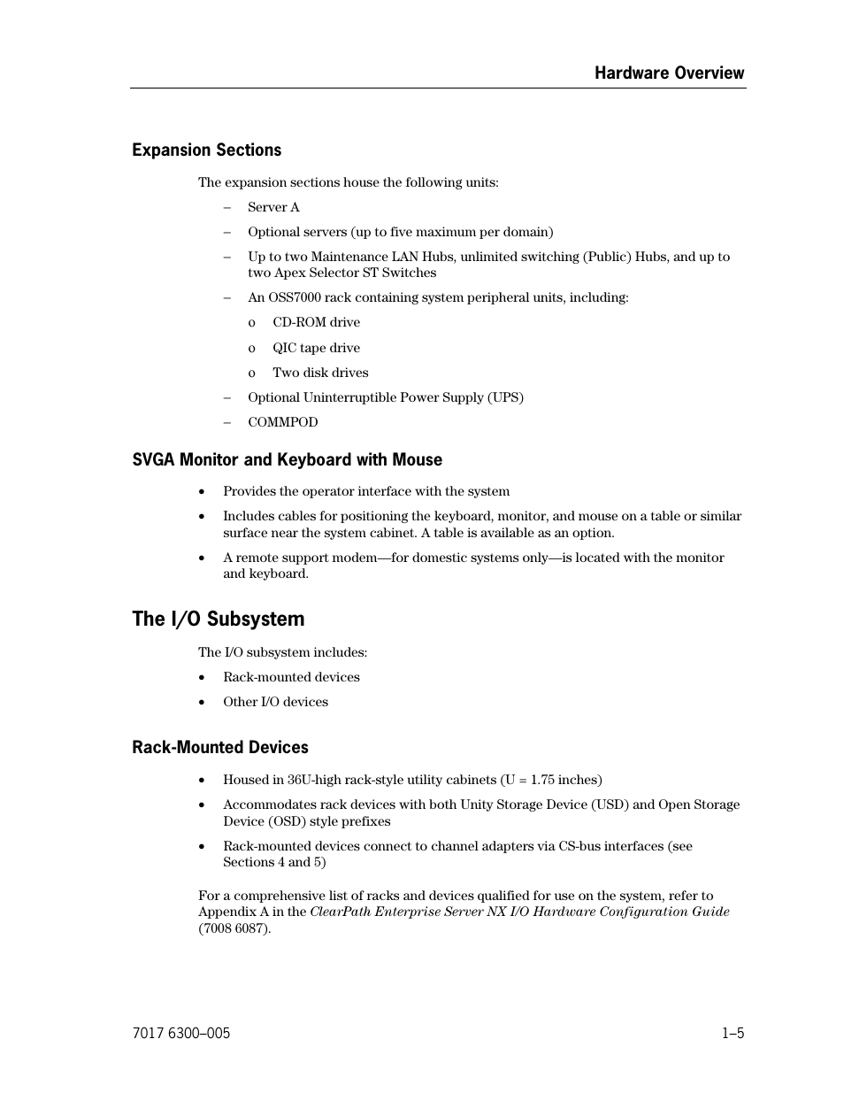 Expansion sections, Svga monitor and keyboard with mouse, The i/o subsystem | Rack-mounted devices | Unisys NX5820 User Manual | Page 25 / 176