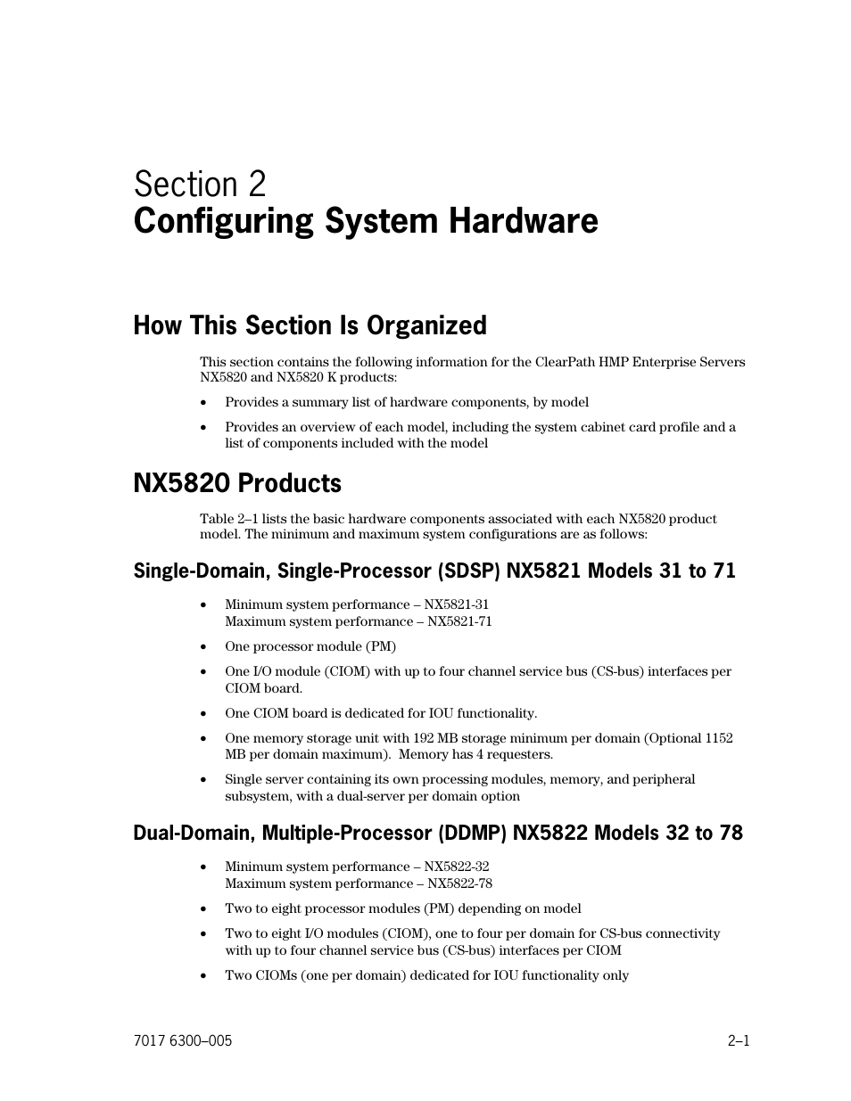 Section 2. configuring system hardware, How this section is organized, Nx5820 products | Section 2, Configuring system hardware, Single-domain, single-processor (sdsp) nx5821, Models 31 to 71, Dual-domain, multiple-processor (ddmp) nx5822, Models 32 to 78 | Unisys NX5820 User Manual | Page 33 / 176